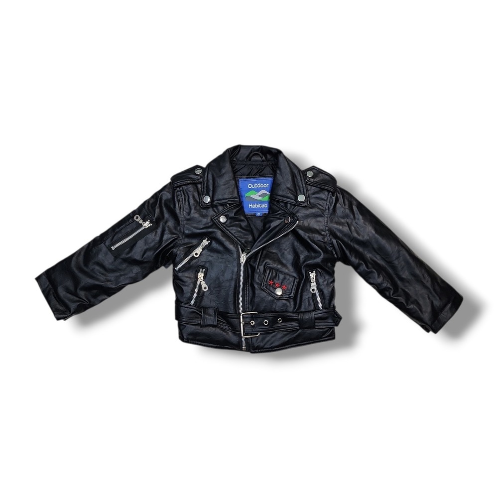Outdoor Habitat Black Faux Leather Biker Jacket Embroidered USA Eagle Size 2T‎
